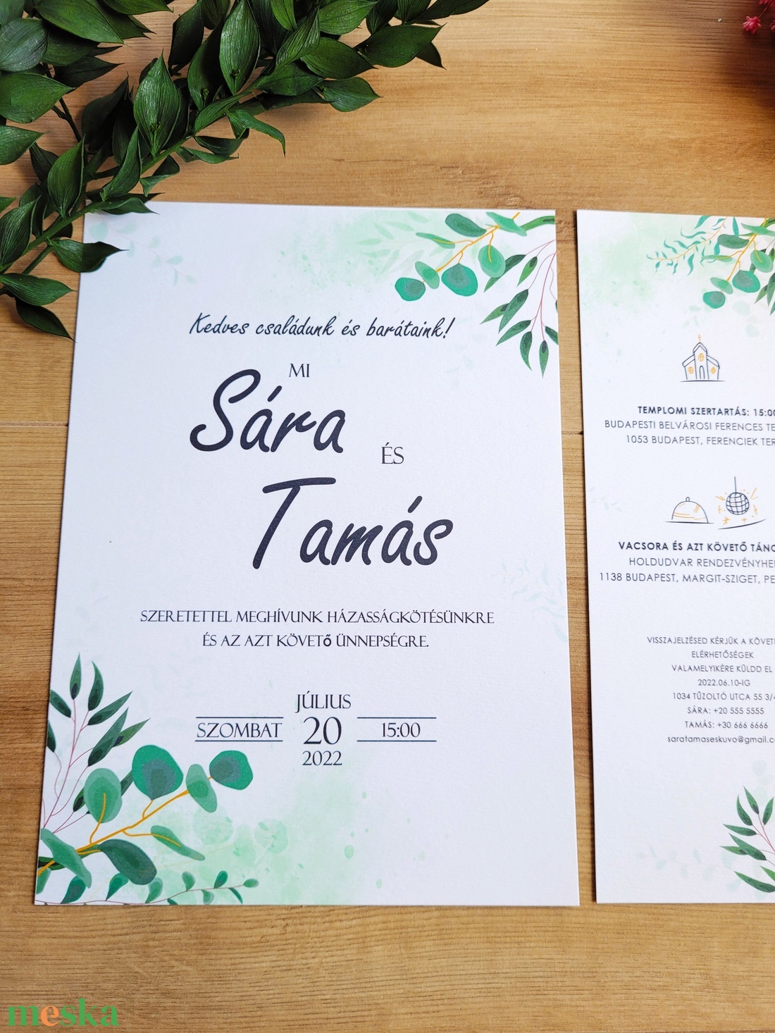 eukaliptusz esküvői meghívó, kétoldalas A6 vagy A5 méret, leveles, zöld esküvői meghívó, vízfesték hatású - esküvő - meghívó & kártya - meghívó - Meska.hu