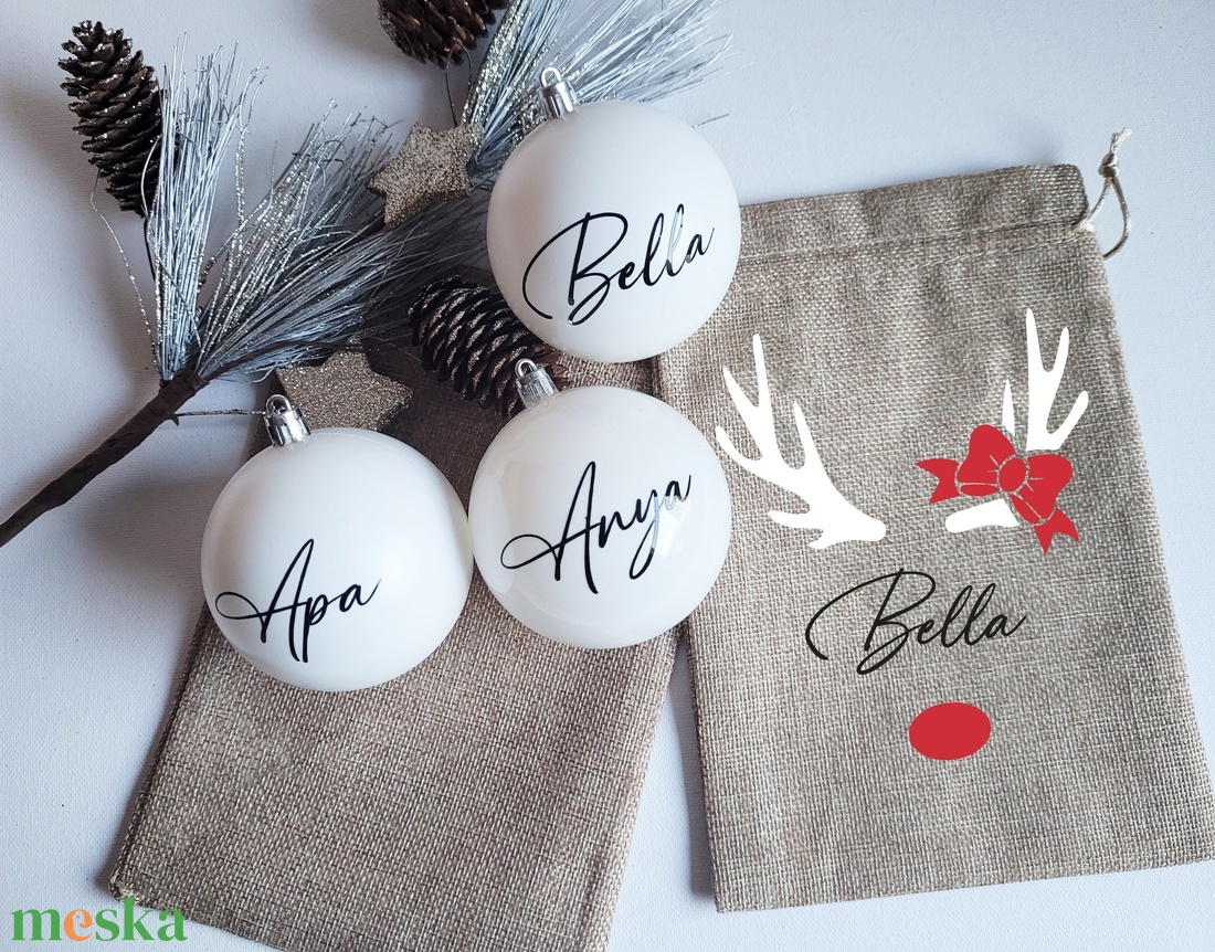 karácsonyi gömb feliratozva feliratozva, 8cm, választható név és masni szín, fehér - karácsony - karácsonyi lakásdekoráció - karácsonyfadíszek - Meska.hu