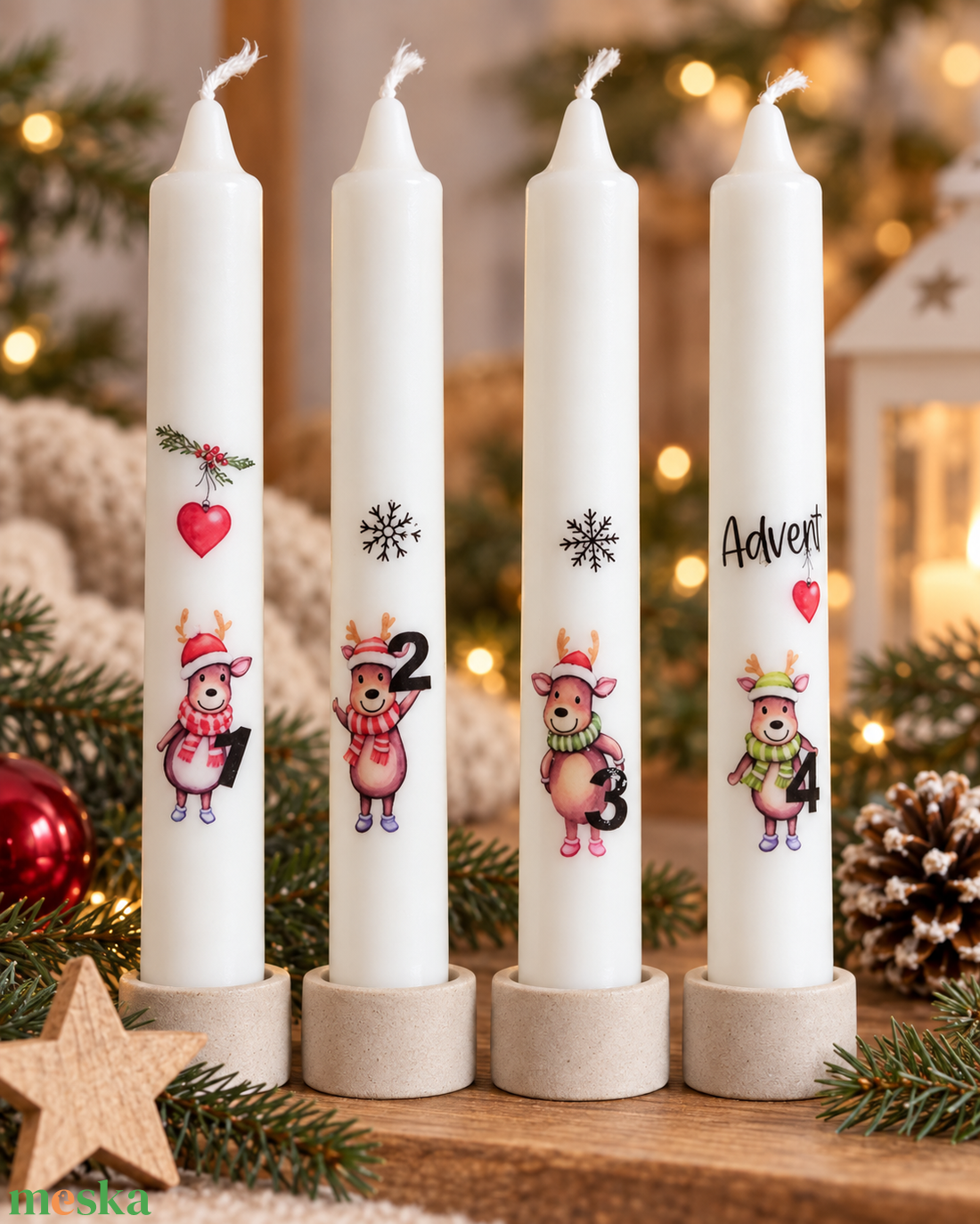 Rénszarvasos Advent � 4 db-os számozott adventi szálgyertya szett - karácsony - adventi díszek - adventi gyertyadíszek és koszorúdíszek - Meska.hu