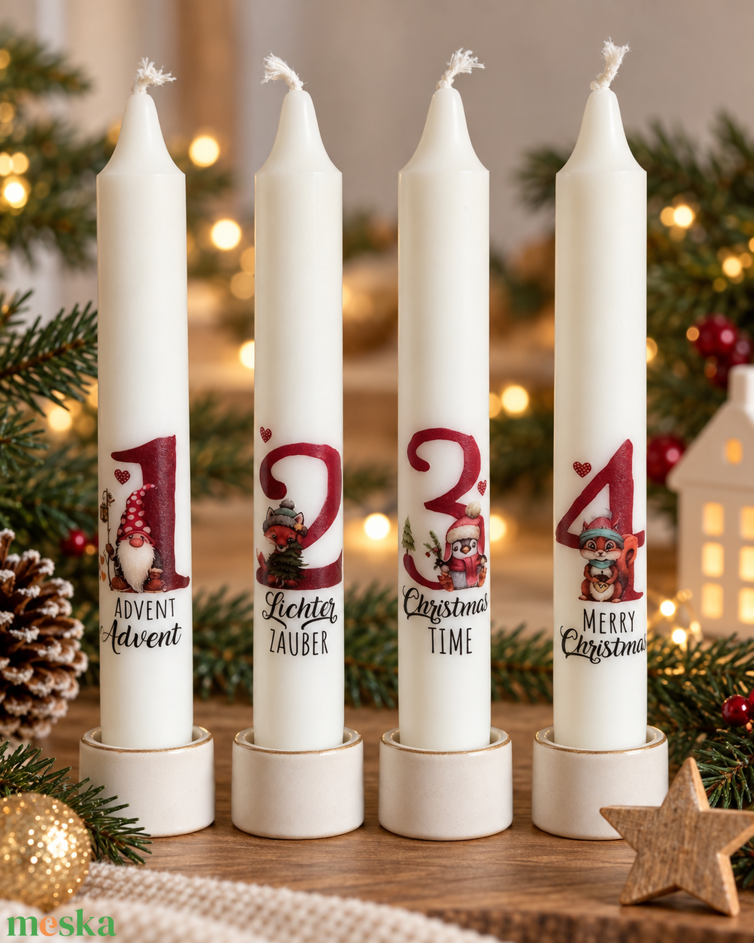 Adventi mese � 4 db-os kétnyelvű számozott szálgyertya szett - karácsony - adventi díszek - adventi gyertyadíszek és koszorúdíszek - Meska.hu