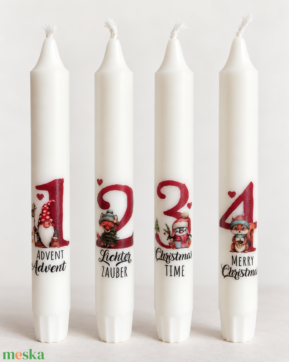 Adventi mese � 4 db-os kétnyelvű számozott szálgyertya szett - karácsony - adventi díszek - adventi gyertyadíszek és koszorúdíszek - Meska.hu
