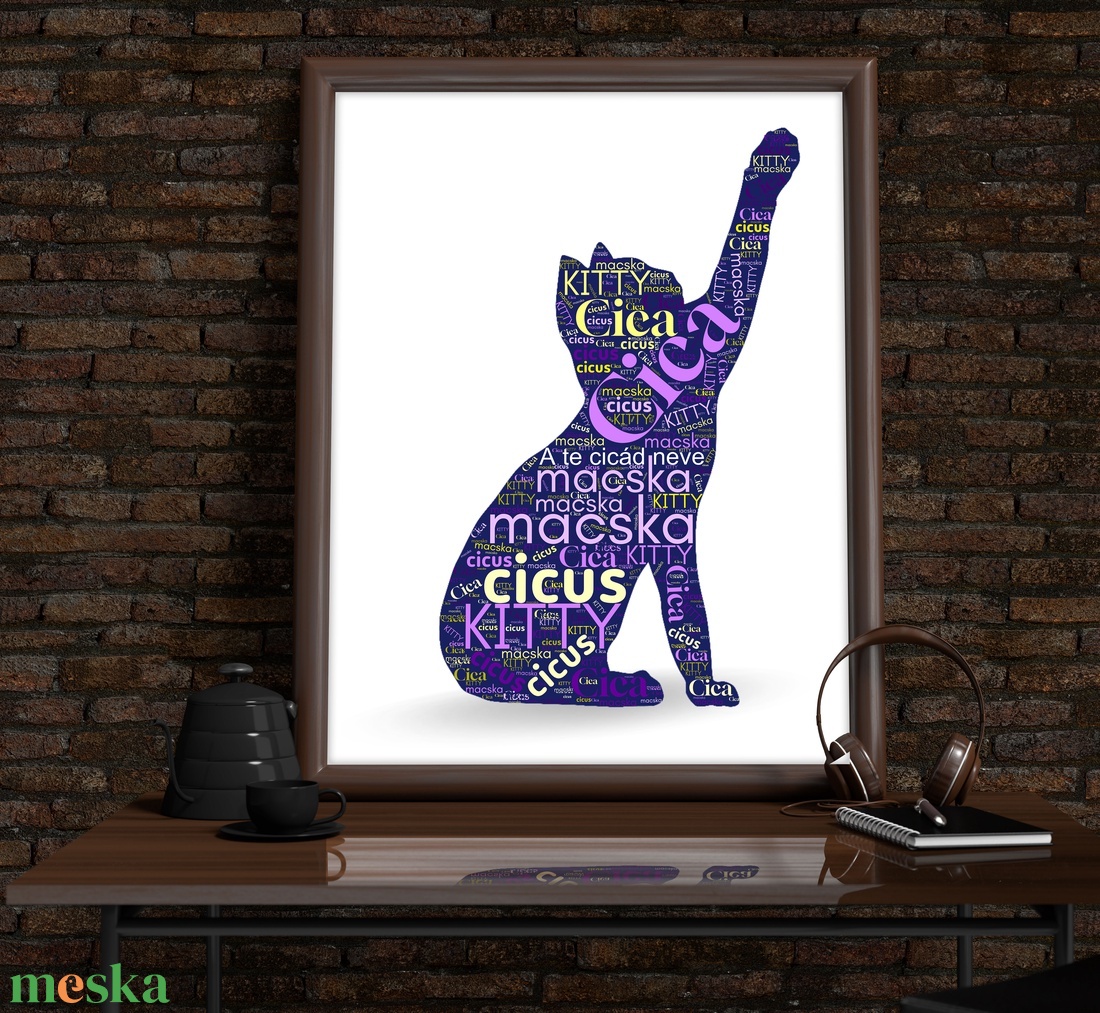 Cica szófelhő kép  egyedi kutyás dekoráció, digitális letölthető fájl, A4 és A3 méretben - művészet - grafika & illusztráció - digitális - Meska.hu