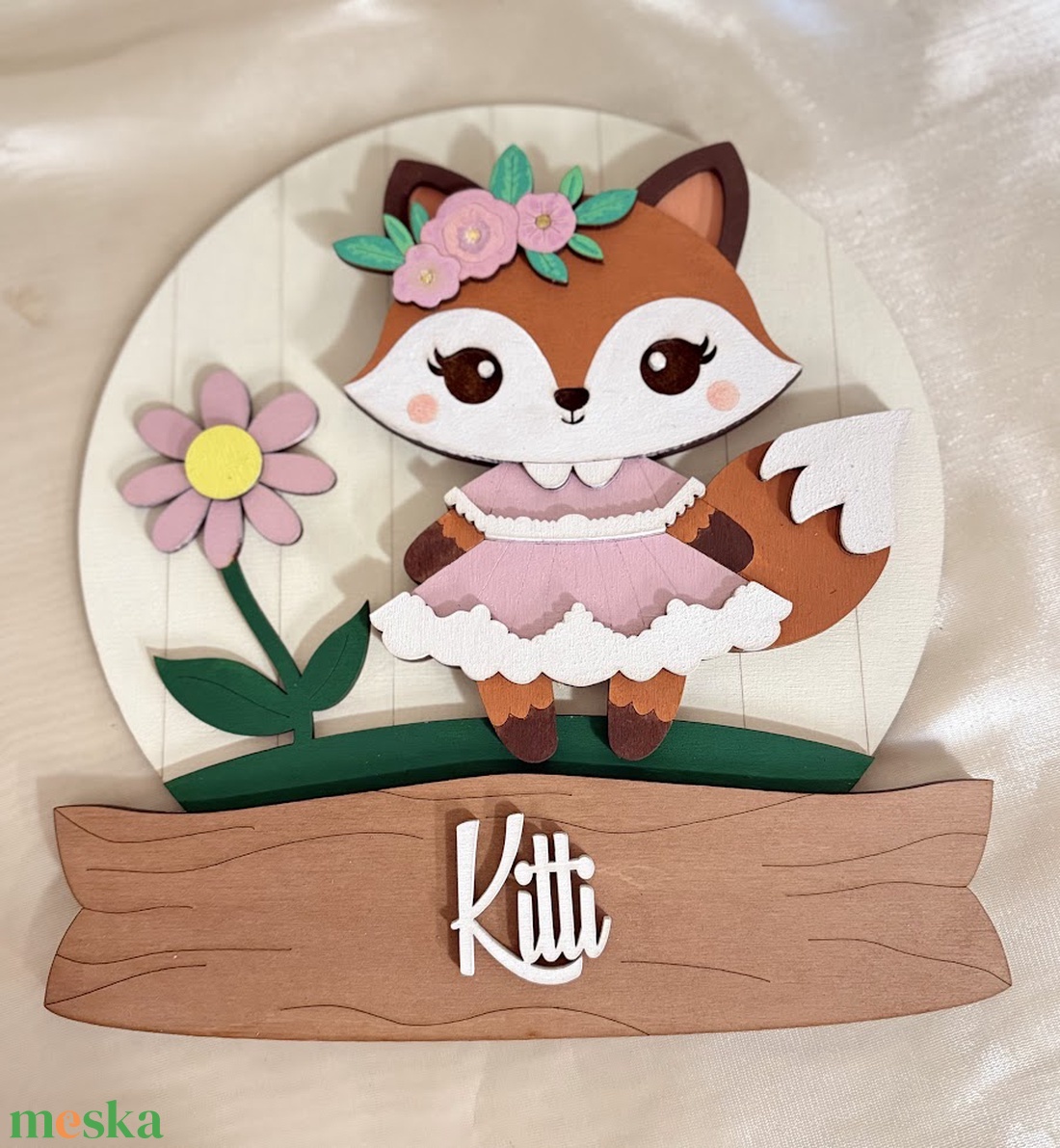 Rókás kerek névtábla gyerekszobába, ajtóra fából, gyerekszoba dekoráció, babaváró buliba ajándékötlet - otthon & életmód - babaszoba, gyerekszoba - gyerek névtábla - Meska.hu