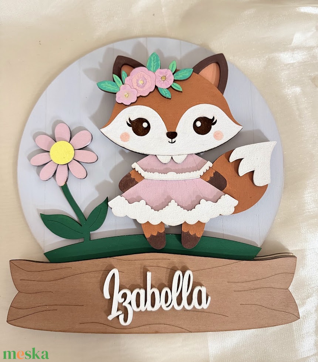 Rókás kerek névtábla gyerekszobába, ajtóra fából, gyerekszoba dekoráció, babaváró buliba ajándékötlet - otthon & életmód - babaszoba, gyerekszoba - gyerek névtábla - Meska.hu
