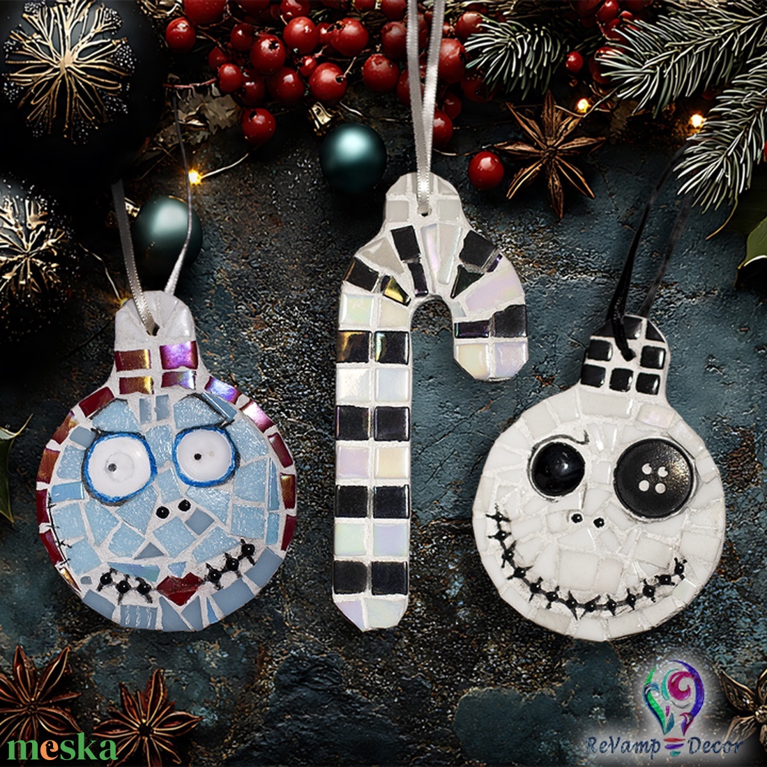 Üvegmozaik karácsonyfa dísz trió - karácsony - karácsonyi lakásdekoráció - karácsonyi lakásdíszek - Meska.hu