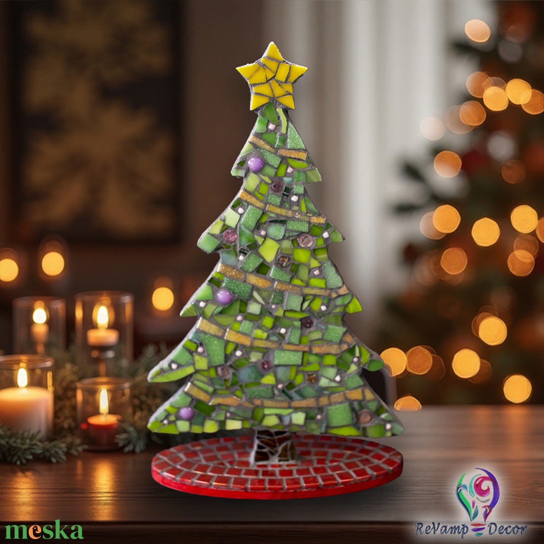 Üvegmozaik karácsonyfa asztaldísz csillaggal - karácsony - adventi díszek - adventi asztaldísz - Meska.hu
