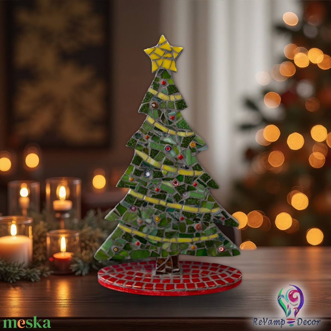 Üvegmozaik karácsonyfa asztaldísz csillaggal - karácsony - adventi díszek - adventi asztaldísz - Meska.hu