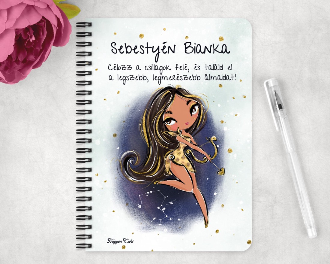 Személyre szabható - Barna hajú Csini Nyilas lány mintás A5-ös füzet - otthon & életmód - papír, írószer - jegyzetfüzet & napló - Meska.hu