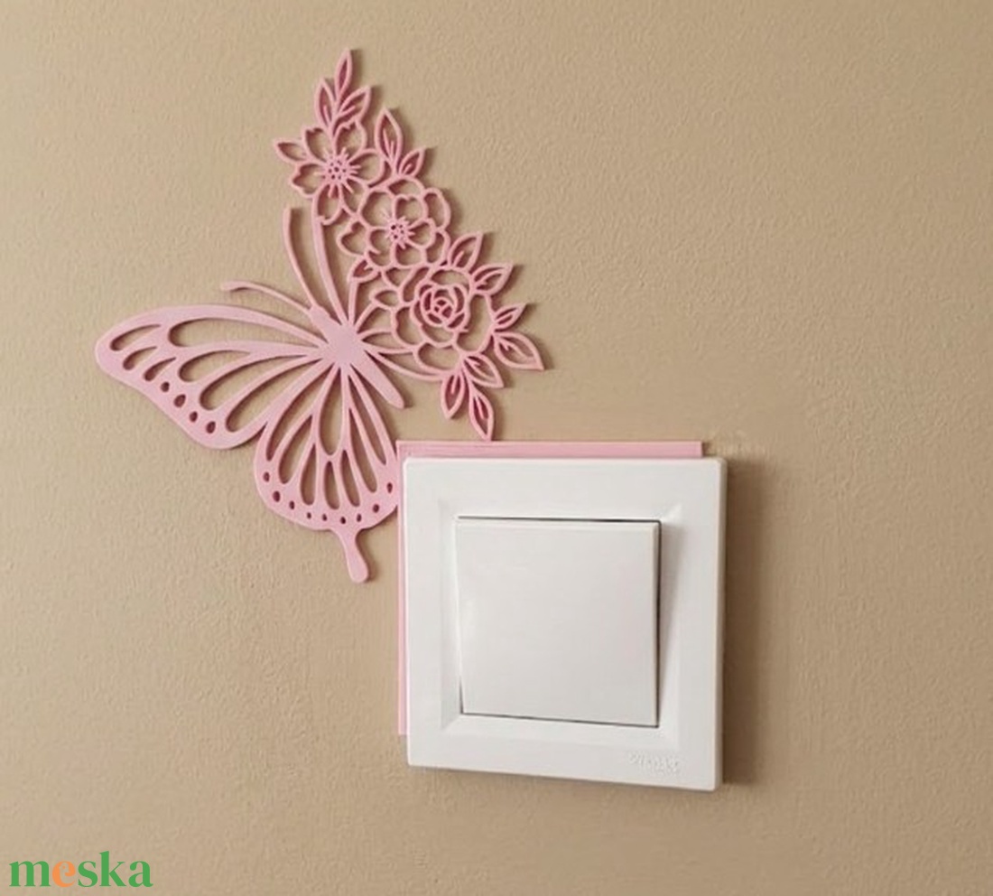 Pillangós Villanykapcsoló Dísz és Takarókeret - Virágos Lakásdekoráció, Rózsaszín - baba - mama - babaszoba dekoráció - gyerekszoba falmatrica - Meska.hu