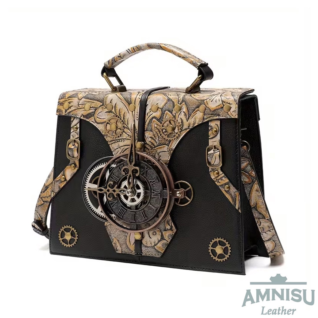 Fekete - világosbarna steampunk stílusú közepes bőr / műbőr kézitáska -  - Meska.hu
