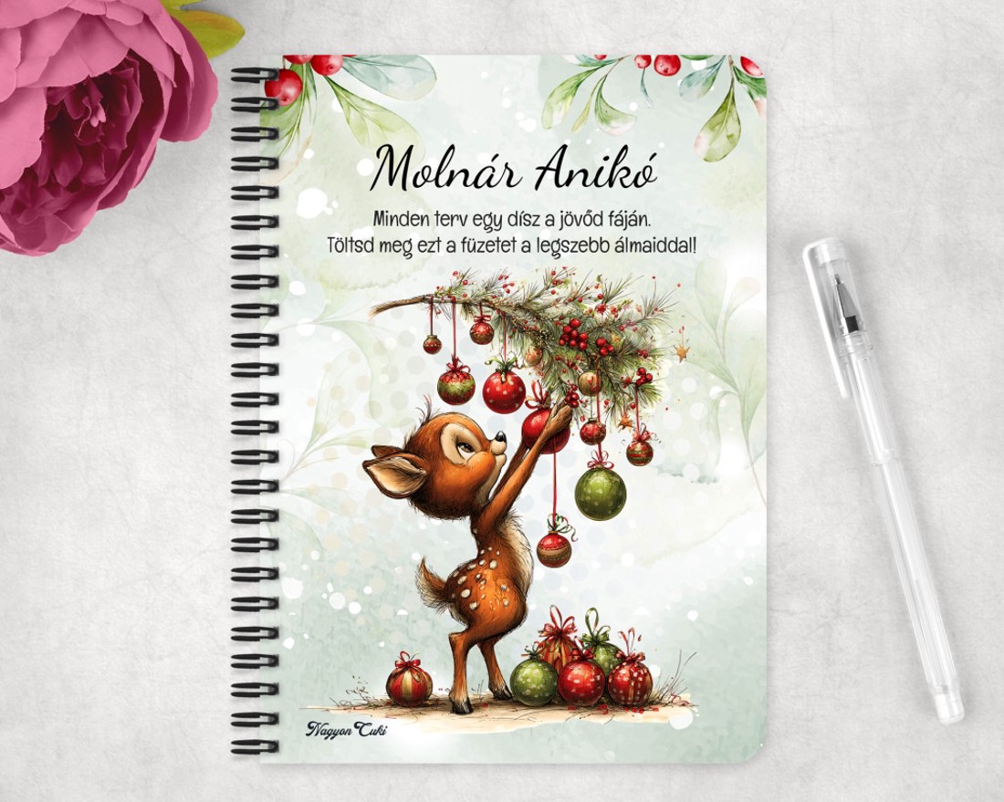 Személyre szabható - Cuki karácsonyi őzike és a díszek mintás A6-os füzet - otthon & életmód - papír, írószer - jegyzetfüzet & napló - Meska.hu