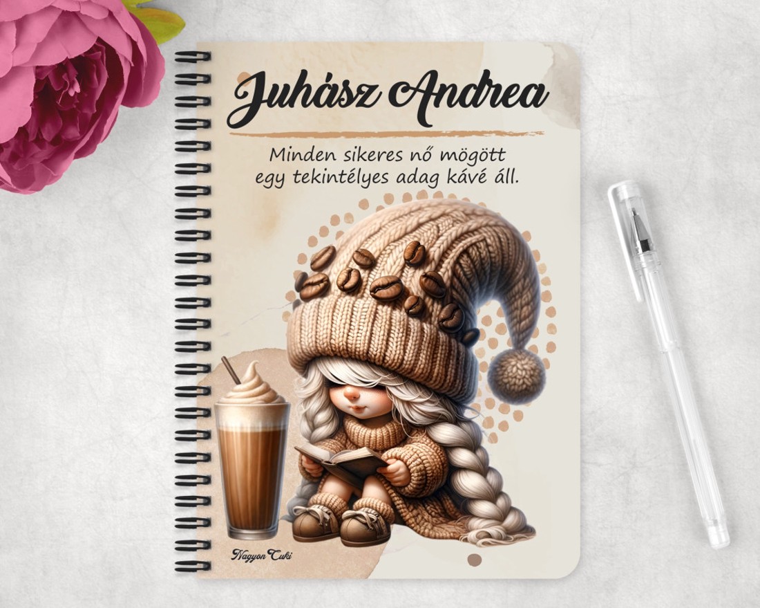 Személyre szabható kávés manó lány - Kávé és könyv mintás A5-ös füzet - otthon & életmód - papír, írószer - jegyzetfüzet & napló - Meska.hu