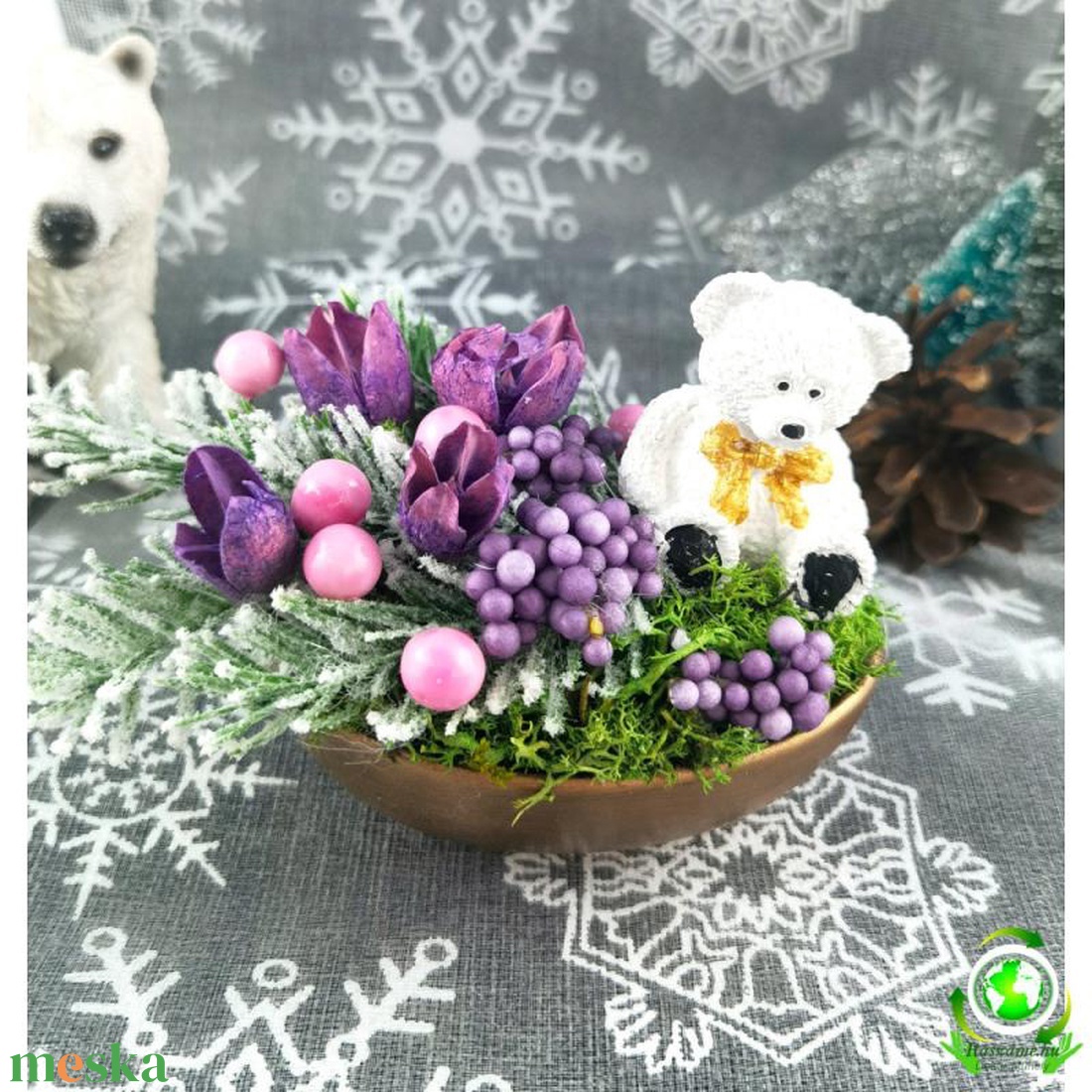 Karácsonyi szögletes csésze, kis fehér macival - dekorációs kellékek - egyéb kellékek - Meska.hu