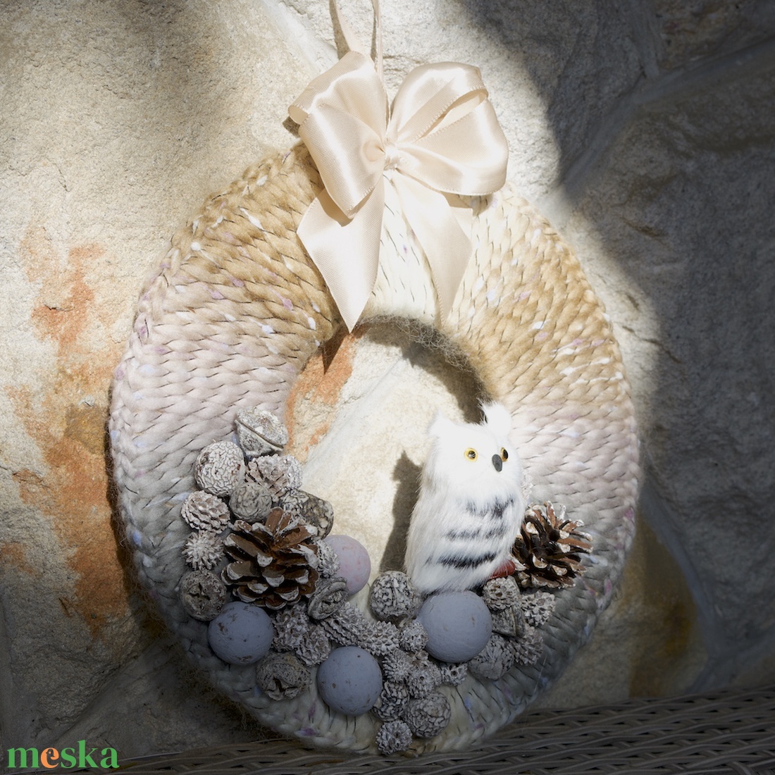 Hamvas bagoly ajtódísz - karácsony - karácsonyi lakásdekoráció - karácsonyi ajtódíszek - Meska.hu