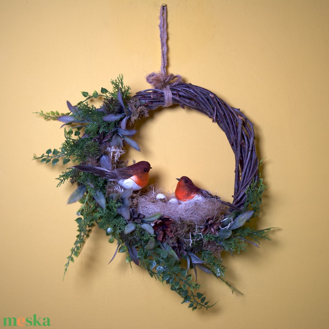 Tavaszi kopogtató, fészekkel, madárpárral - ünnepi díszek, dekorációk - húsvéti díszek és dekorációk - húsvéti ajtódísz, kopogtató - Meska.hu