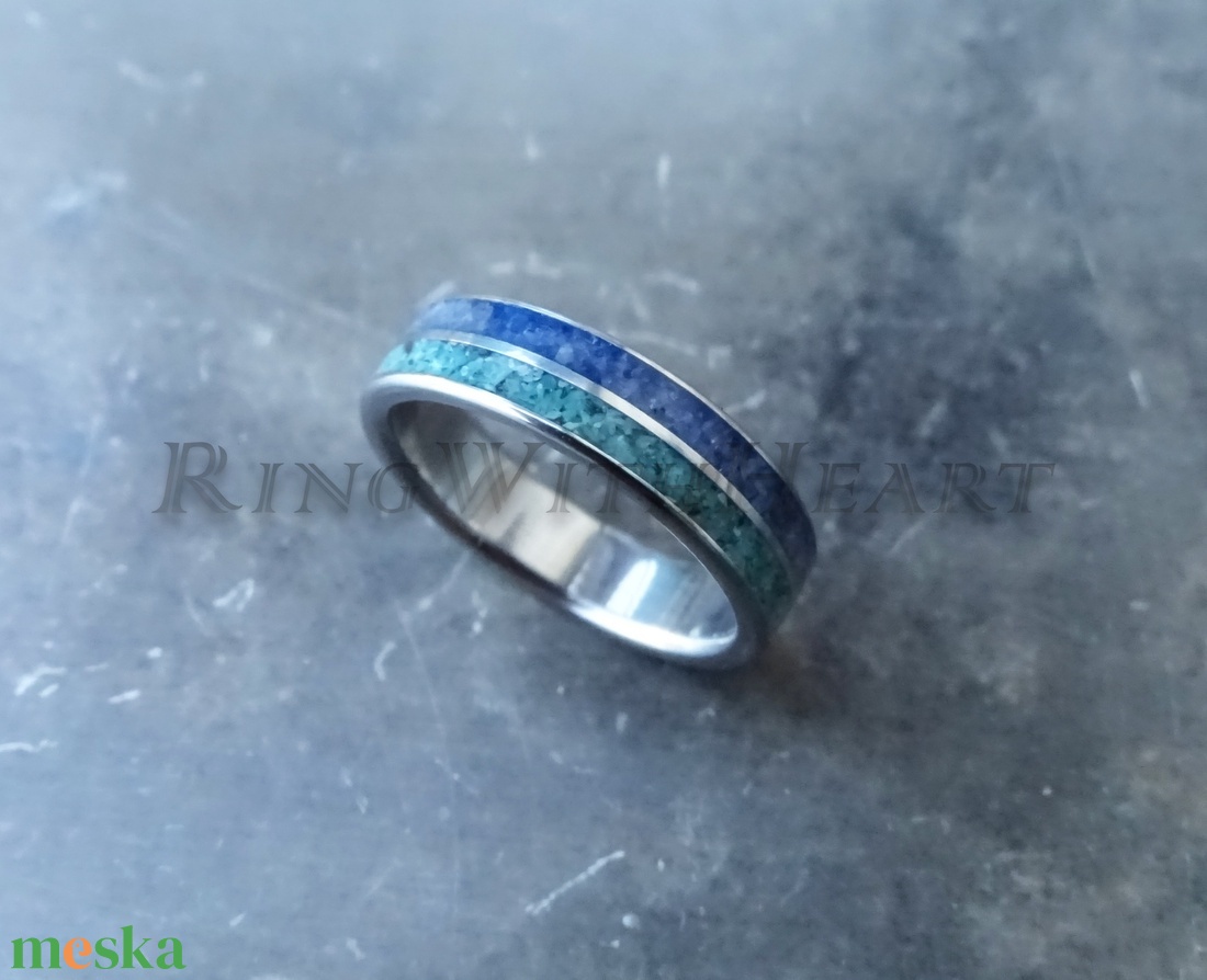 Titán vagy nemesacél gyűrű türkizzel és akvamarinnal, türkiz gyűrű, jegygyűrű, eljegyzési gyűrű, akvamarin gyűrű - esküvő - ékszer - karikagyűrű - Meska.hu