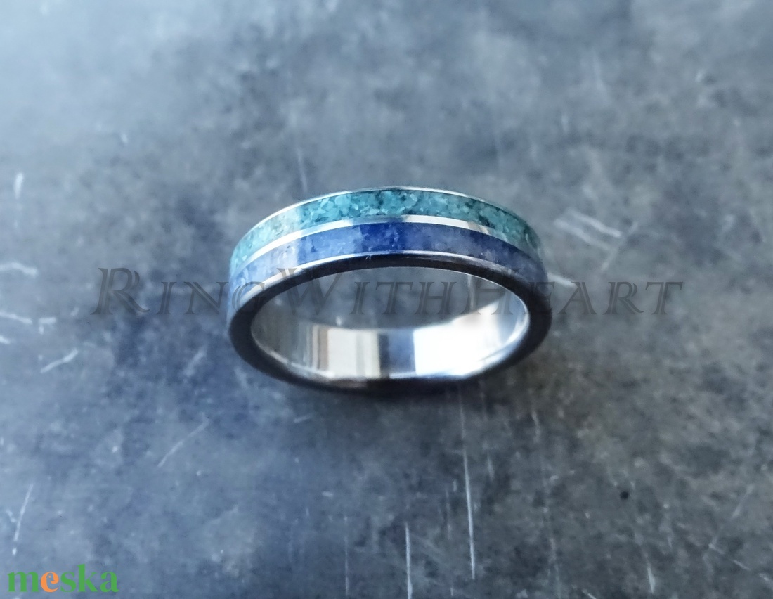 Titán vagy nemesacél gyűrű türkizzel és akvamarinnal, türkiz gyűrű, jegygyűrű, eljegyzési gyűrű, akvamarin gyűrű - esküvő - ékszer - karikagyűrű - Meska.hu