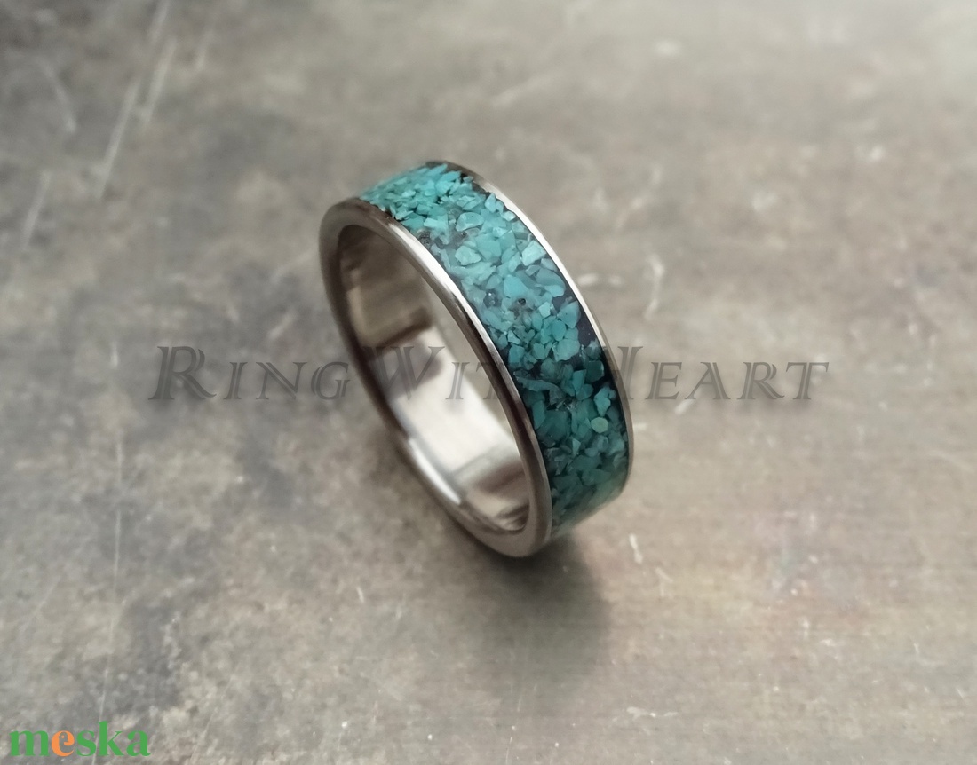 Titán vagy nemesacél gyűrű valódi türkizzel, türkiz gyűrű, jegygyűrű, eljegyzési gyűrű, ballagási ajándék, anyák napja - esküvő - ékszer - karikagyűrű - Meska.hu