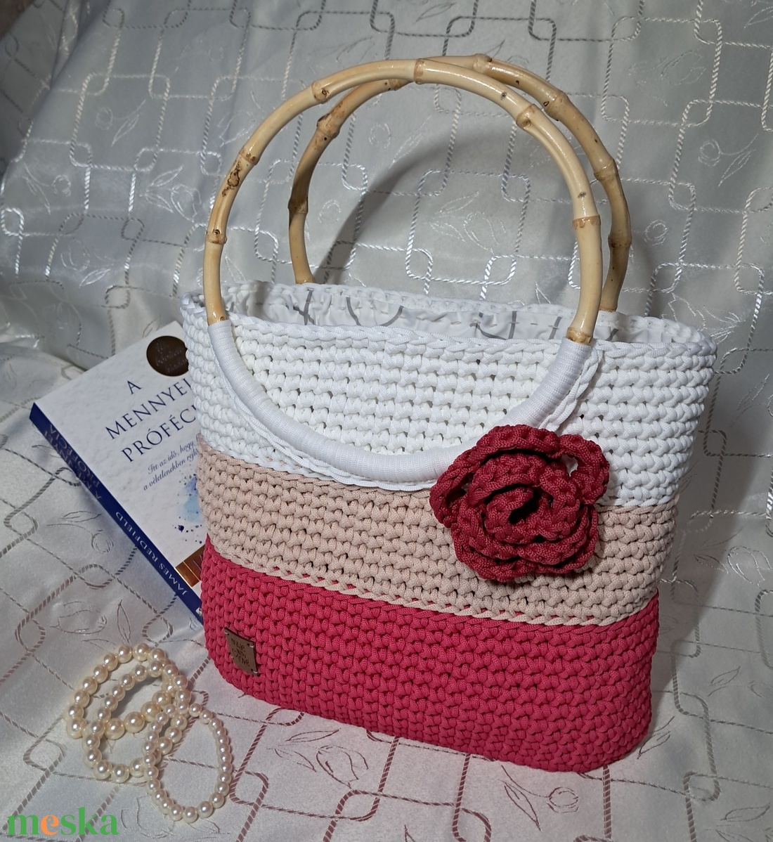 Horgolt táska virággal - táska & tok - kézitáska & válltáska - kézitáska - Meska.hu