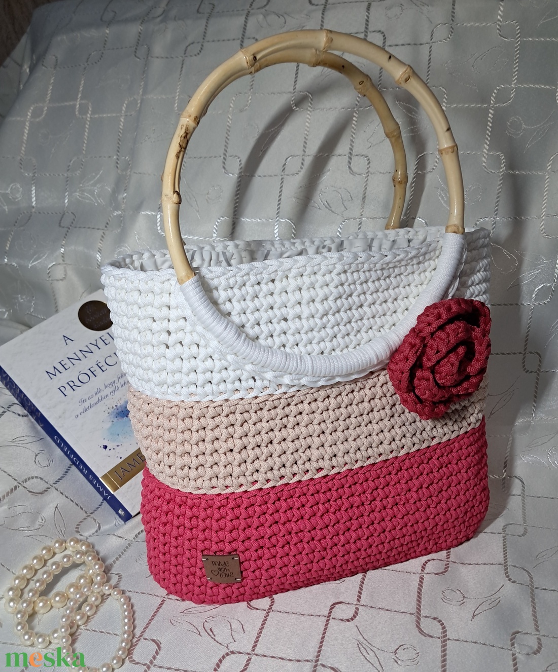 Horgolt táska virággal - táska & tok - kézitáska & válltáska - kézitáska - Meska.hu