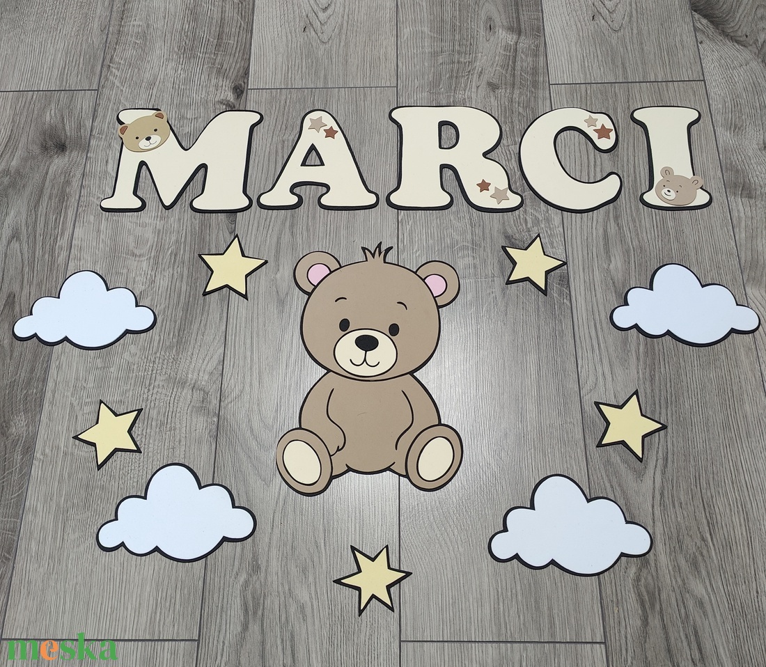 Névre szóló macis falidekoráció - csillagos felhős gyerekszoba dísz � - baba - mama - babaszoba dekoráció - babanév dekoráció - Meska.hu