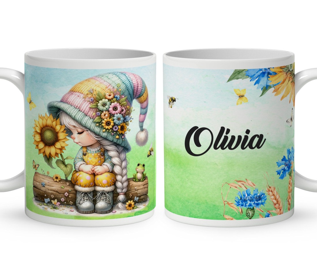 Névvel kérhető - Napraforgós manó lány cuki békával mintás bögre - otthon & életmód - konyhafelszerelés, tálalás - tálalás - bögre & csésze - Meska.hu