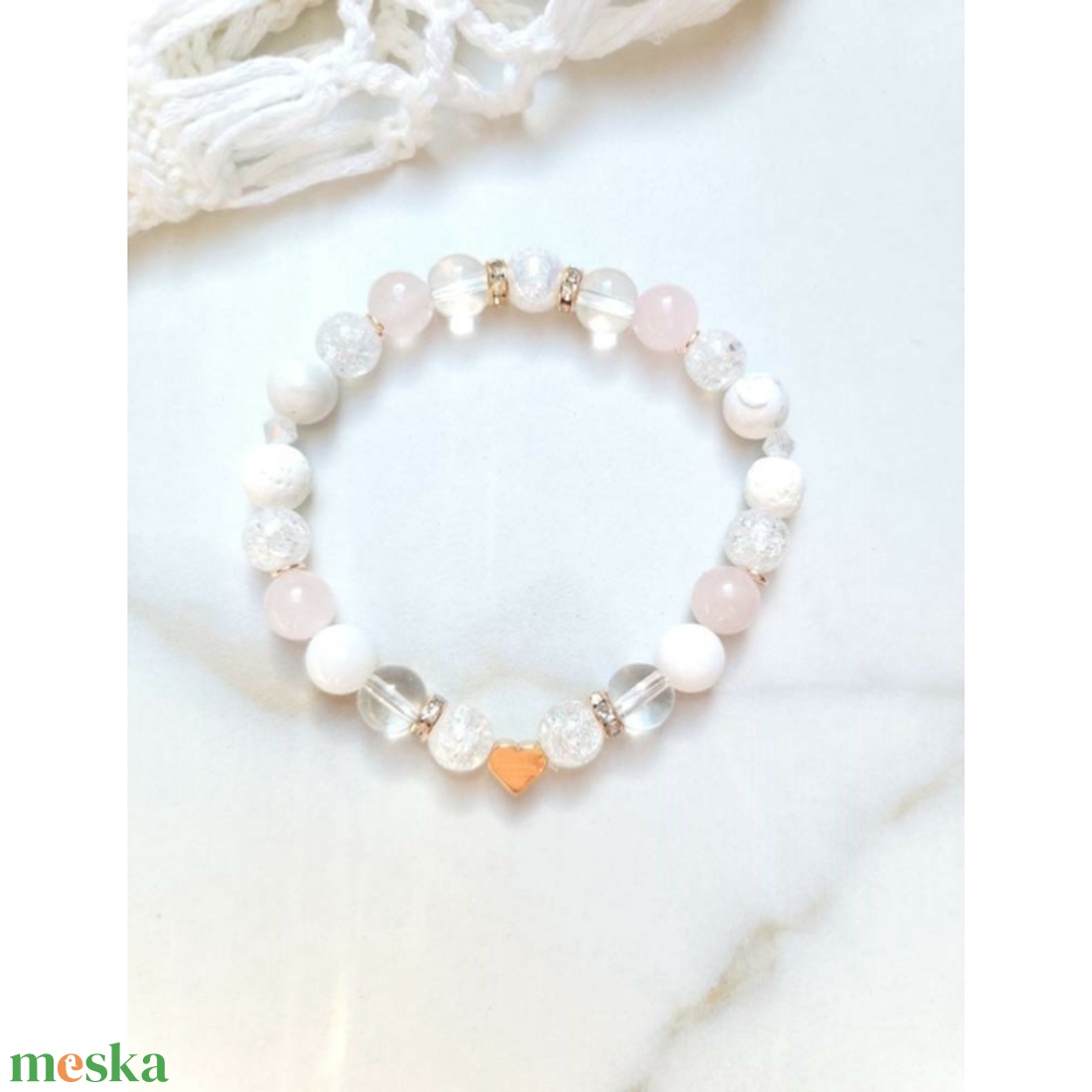 Rosegold szívecskés ásványkarkötő - ékszer - karkötő - ásványkarkötő - Meska.hu