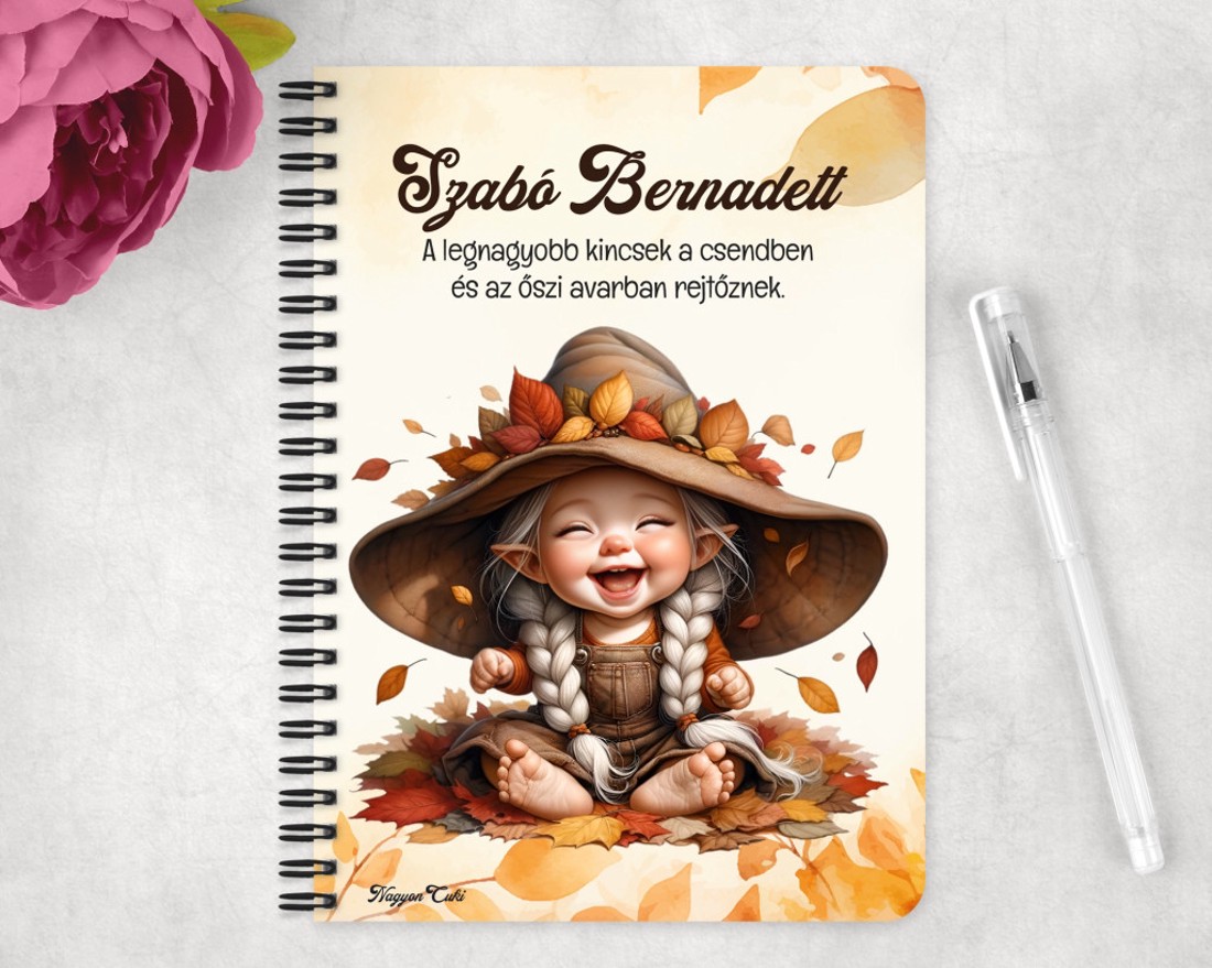 Személyre szabható - Tündéri őszi manó lány mintás A5-ös füzet - otthon & életmód - papír, írószer - jegyzetfüzet & napló - Meska.hu