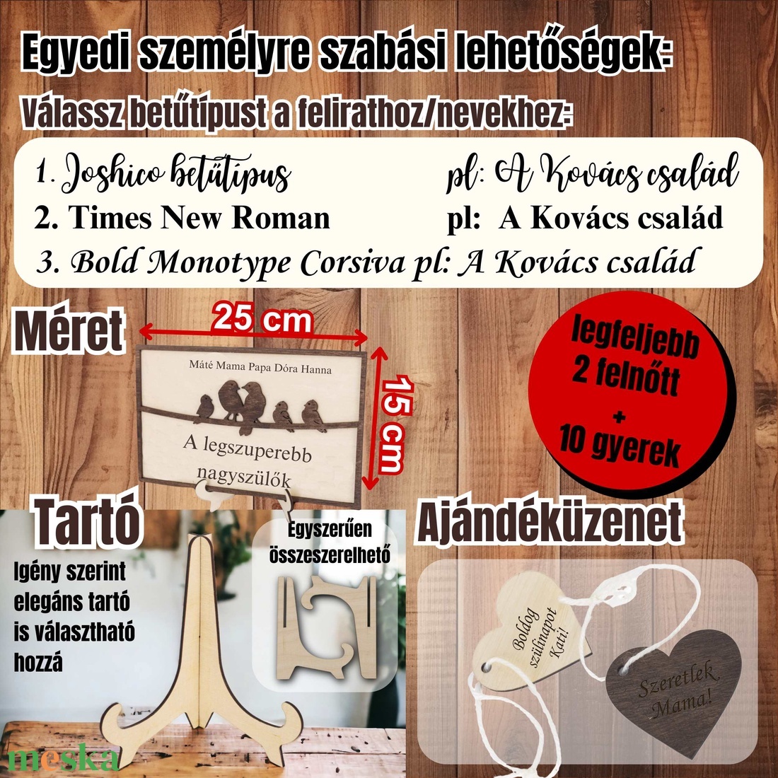 Személyre szabható Madácsalád tábla nevekkel - Ajándék Édesanyáknak, Nagyszülőknek Karácsonyra, születésnapra - otthon & életmód - dekoráció - asztal és polc dekoráció - asztaldísz - Meska.hu