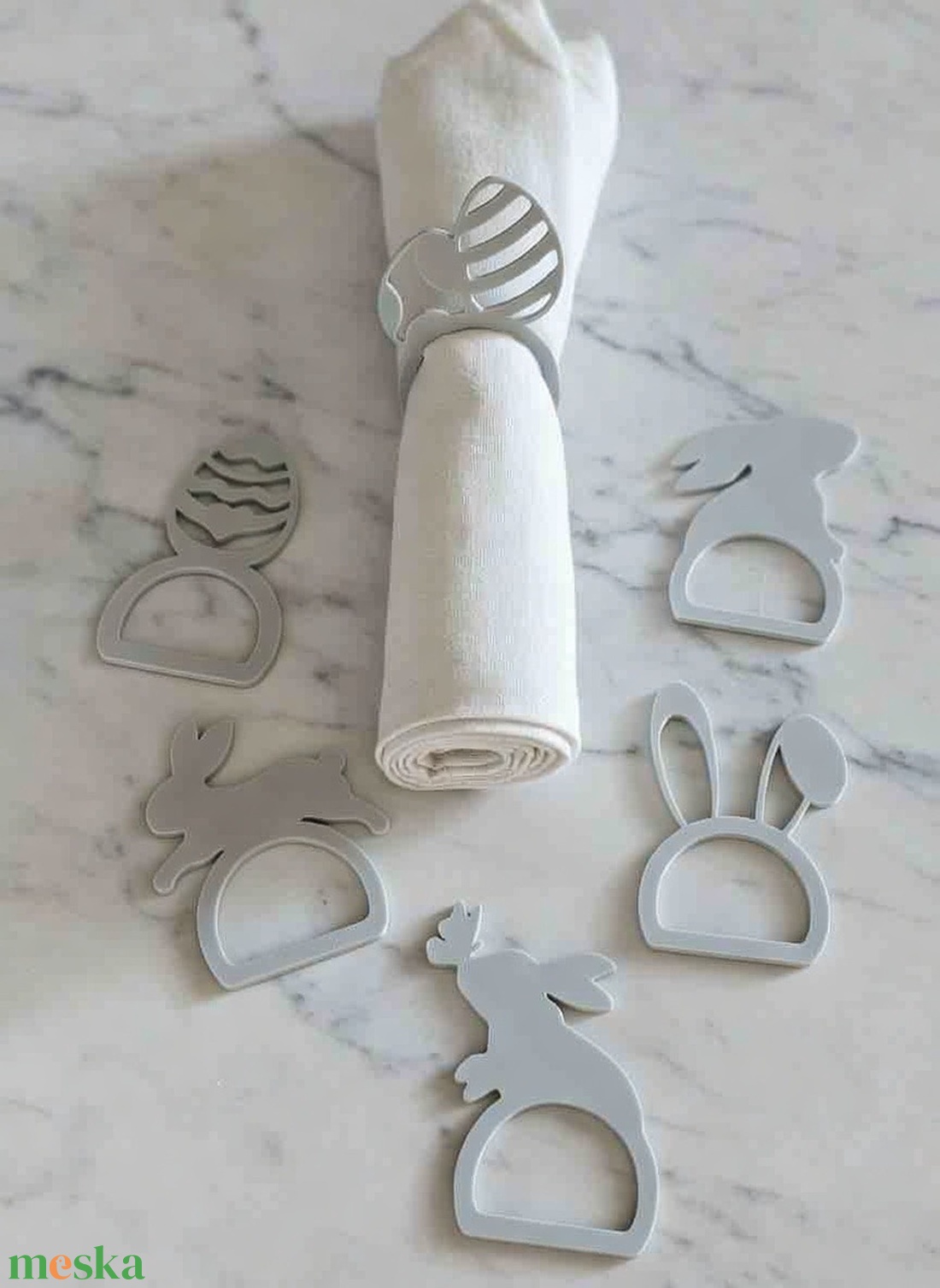 Húsvéti nyuszi szalvétagyűrű szett � 6 db matt szürke dekor - ünnepi díszek, dekorációk - húsvéti díszek és dekorációk - húsvéti asztaldíszek - Meska.hu