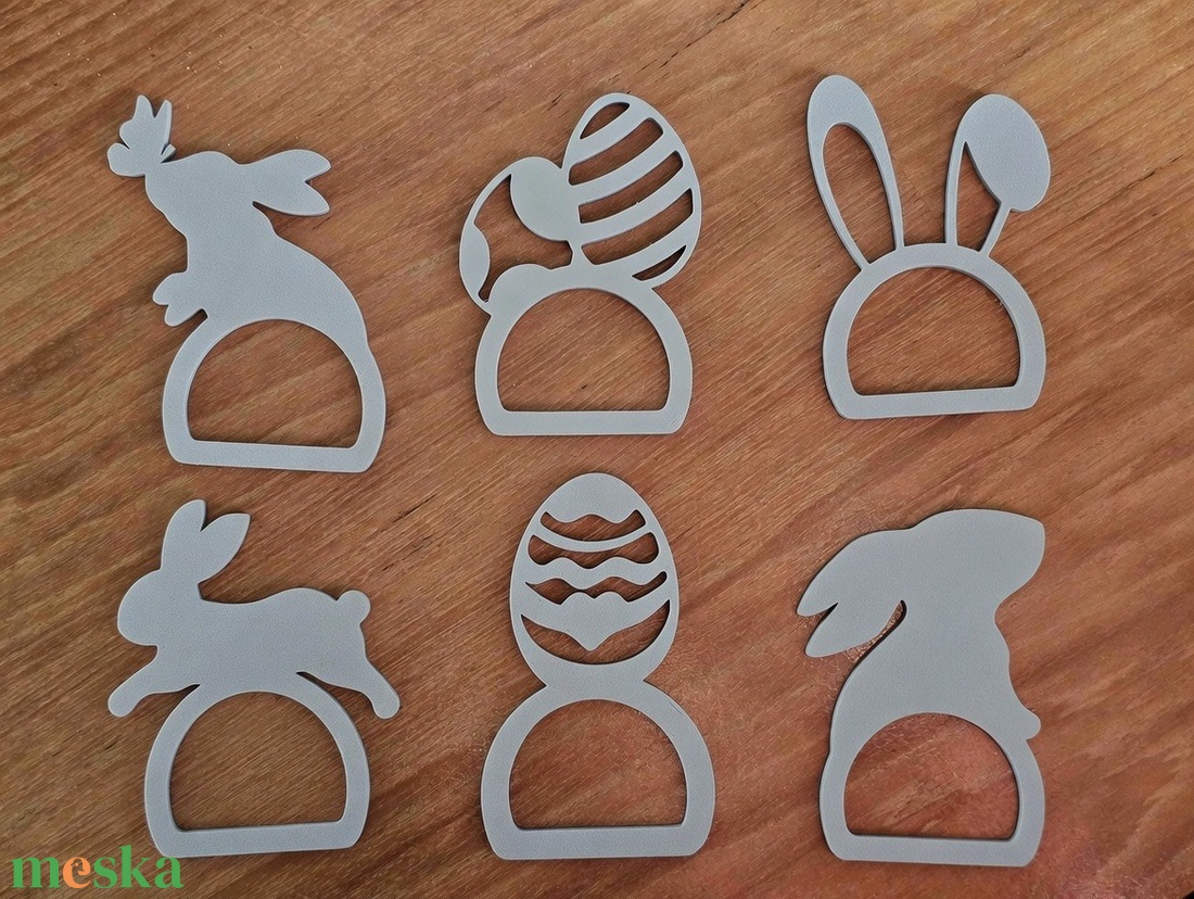 Húsvéti nyuszi szalvétagyűrű szett � 6 db matt szürke dekor - ünnepi díszek, dekorációk - húsvéti díszek és dekorációk - húsvéti asztaldíszek - Meska.hu