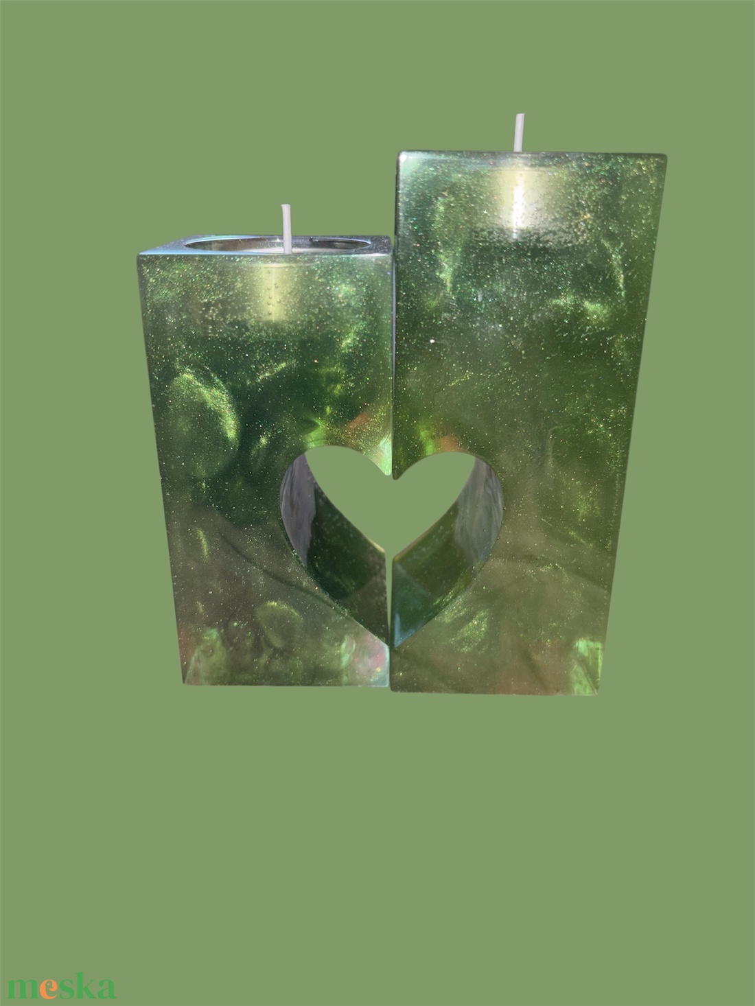 Rocky�s Candle Páros zöld gyertyatartó szív kivágással � romantikus dekoráció - otthon & életmód - gyertya, illat, aroma - gyertyatartó - Meska.hu