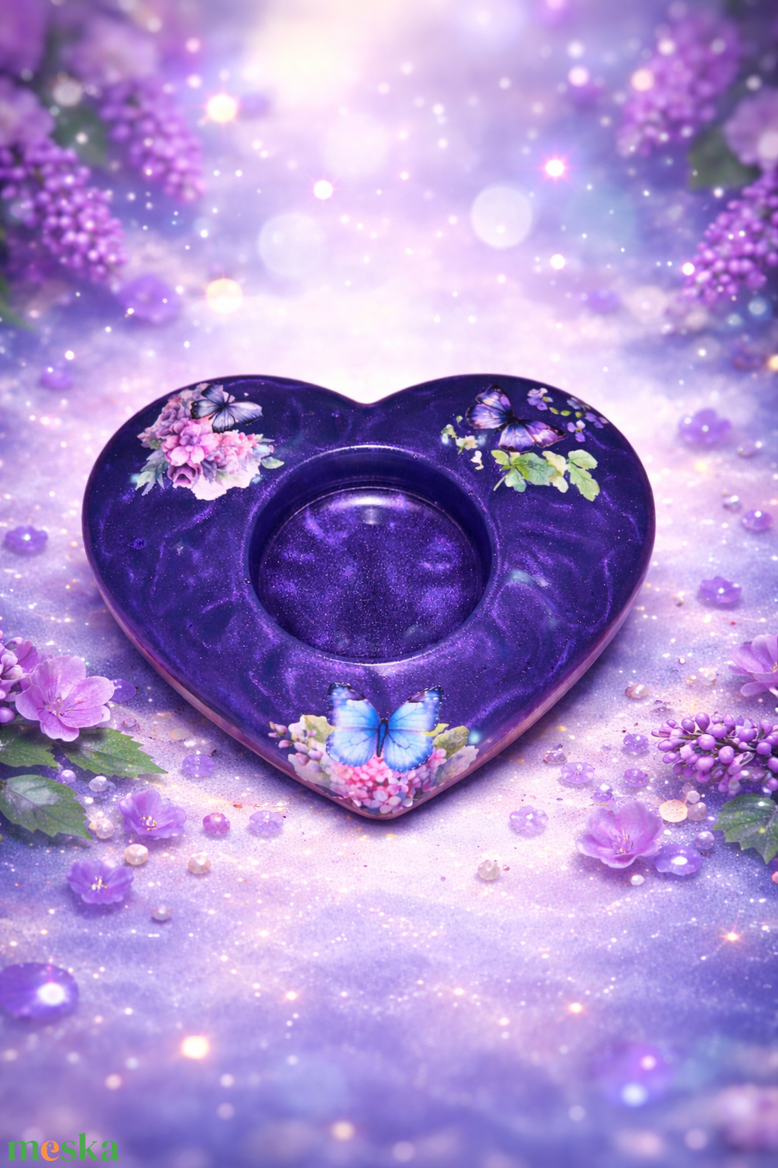 Lila szív alakú epoxi tea mécses gyertyatartó - otthon & életmód - gyertya, illat, aroma - gyertyatartó - Meska.hu