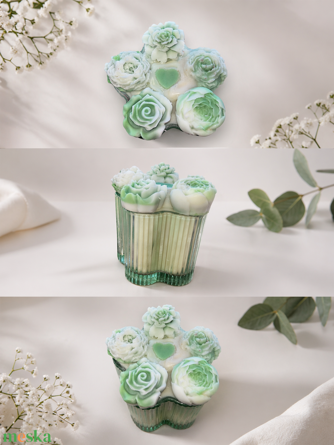 Rocky�s CANDLE Virágos kézműves szója gyertya � zöld-fehér, természetes stílus - otthon & életmód - gyertya, illat, aroma - mécses és mécsestartó - Meska.hu
