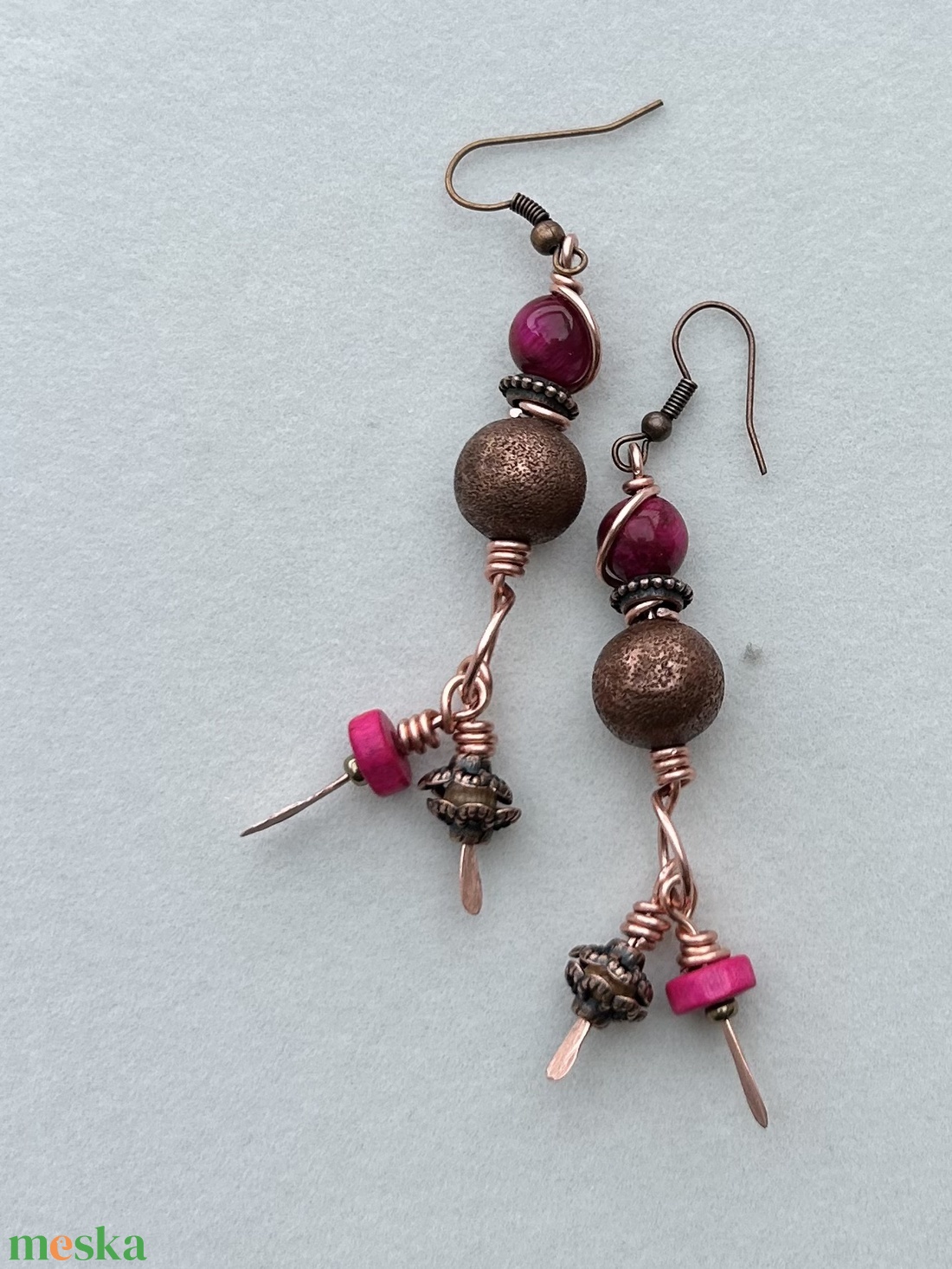 Pink achát fülbevaló - ékszer - fülbevaló - lógós kerek fülbevaló - Meska.hu