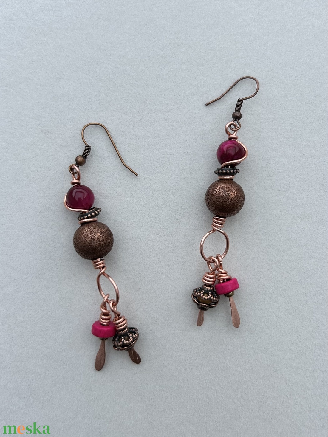 Pink achát fülbevaló - ékszer - fülbevaló - lógós kerek fülbevaló - Meska.hu