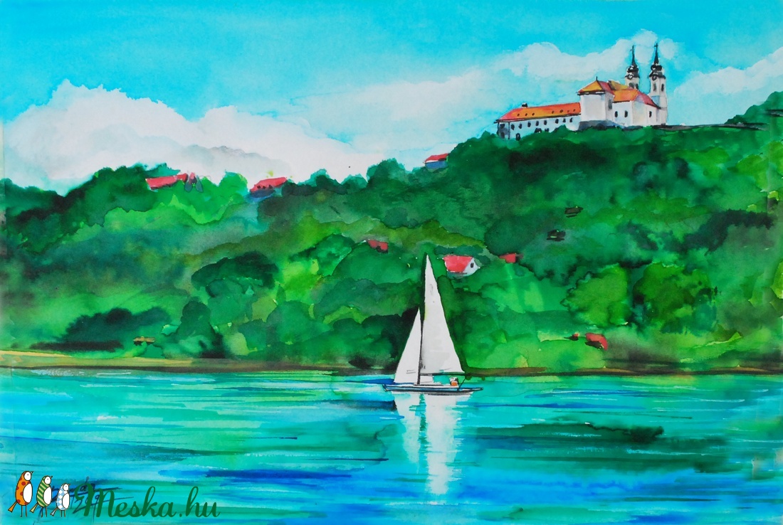 EREDETI akvarell festmény, Tihany, Balaton, Vitorlás, Vitorlázás -  - Meska.hu