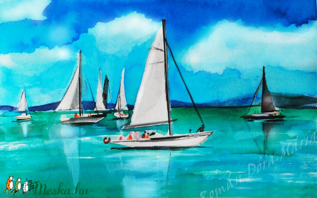 Kék-szalag, Balaton, balatoni akvarell, Vitorlás, Vitorlázás - otthon & életmód - dekoráció - kép & falikép - Meska.hu