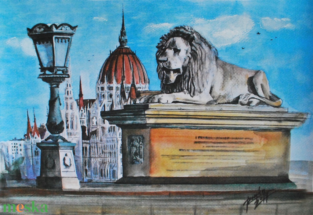 Budapest, Lánchíd, Oroszlán, Parlament - művészet - festmény - akvarell - Meska.hu Budapest, Lánchíd, Oroszlán, Parlament - művészet - festmény - akvarell - Meska.hu