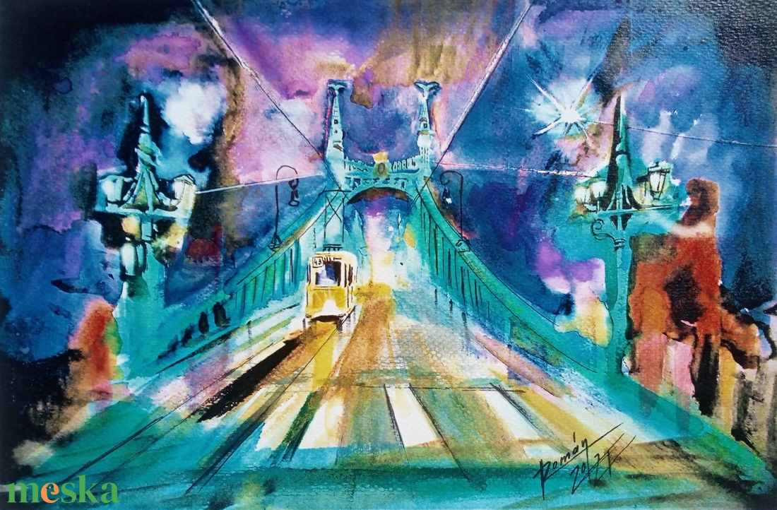 Szabadság híd fénye  akvarell festmény, Budapest, - művészet - festmény - akvarell - Meska.hu
