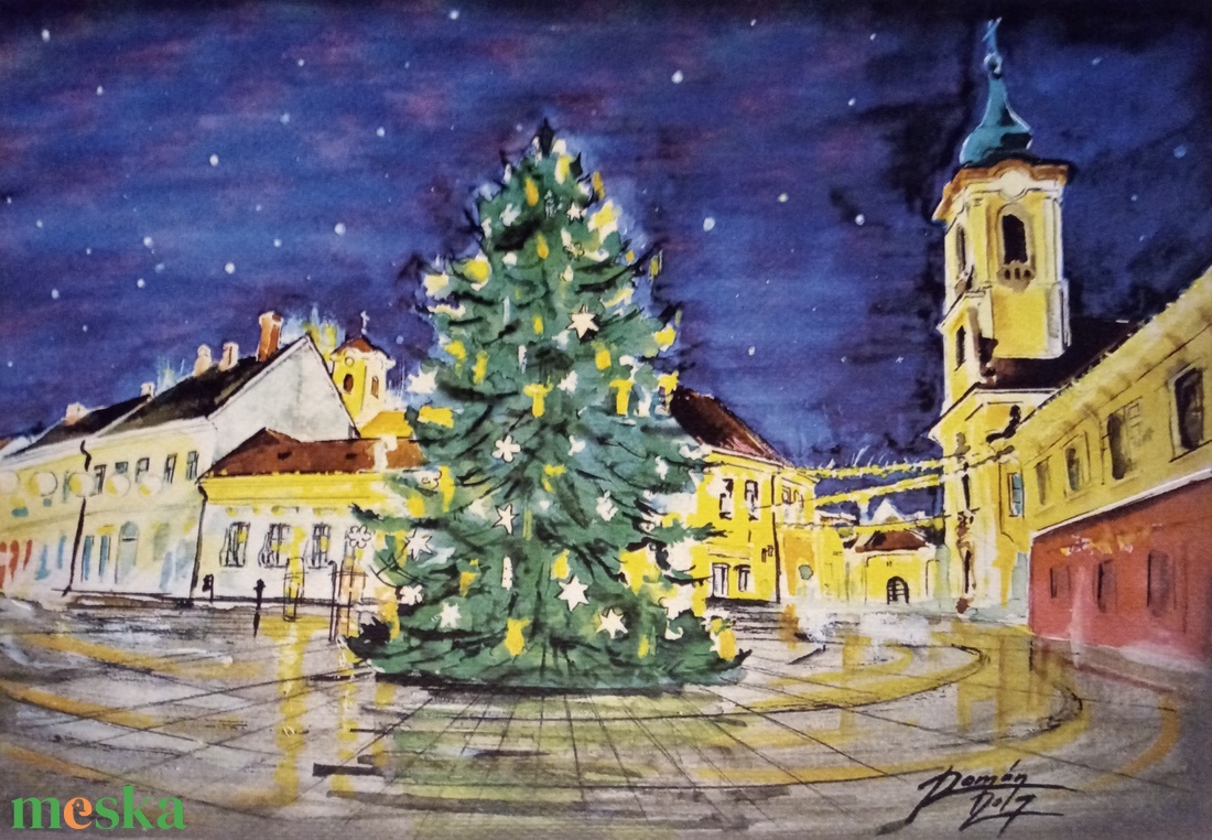  Szentendre akvarell, Főtér, karácsony, Szentendre  - művészet - festmény - akvarell - Meska.hu