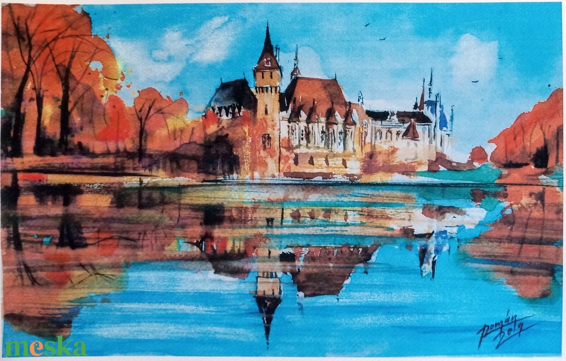 Vajdahunyad vára  akvarell festmény, Budapest,ősz - művészet - festmény - akvarell - Meska.hu