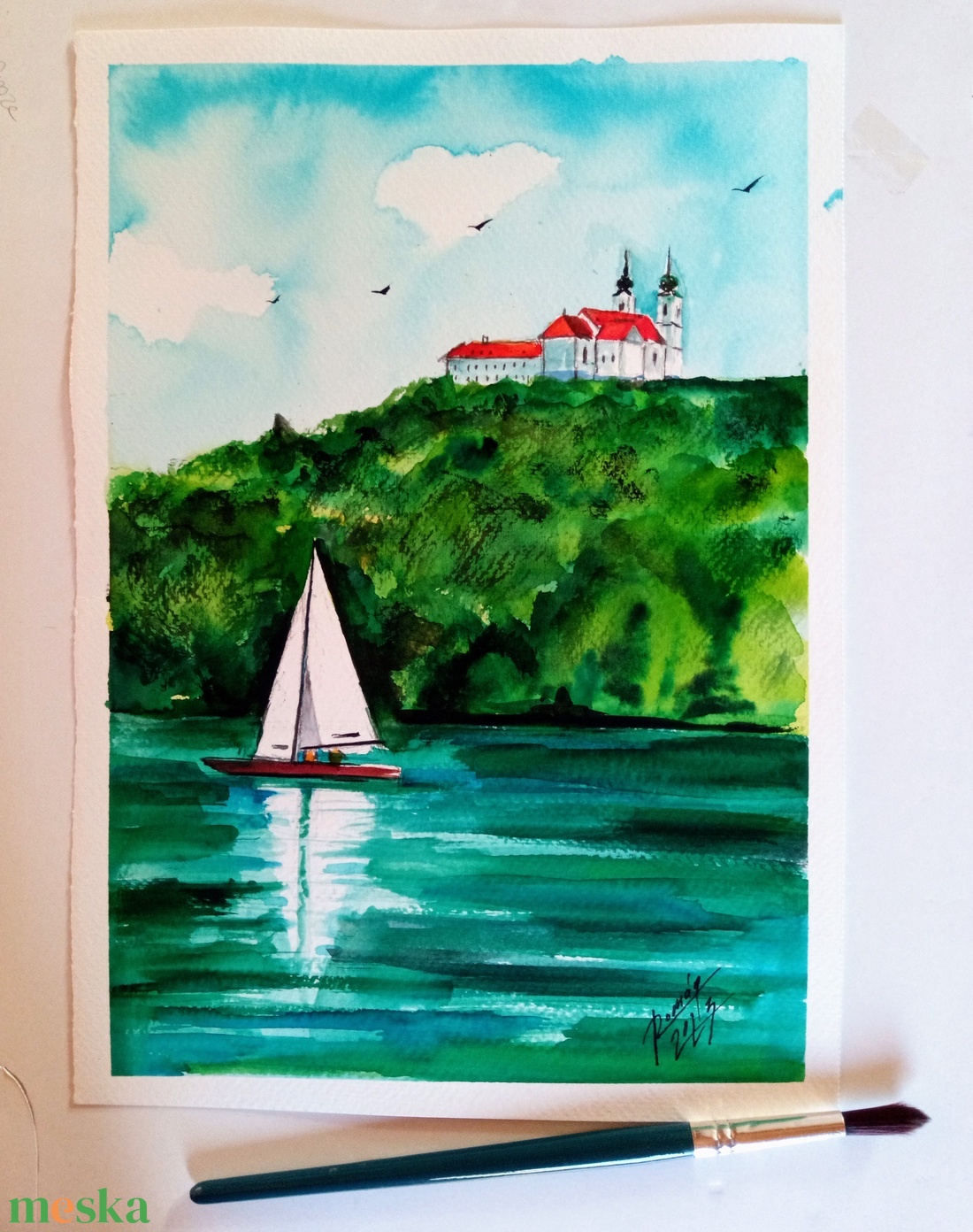 TIHANY, Nem print, eredeti balatoni akvarell, Vitorlás, Vitorlázás - művészet - festmény - akvarell - Meska.hu