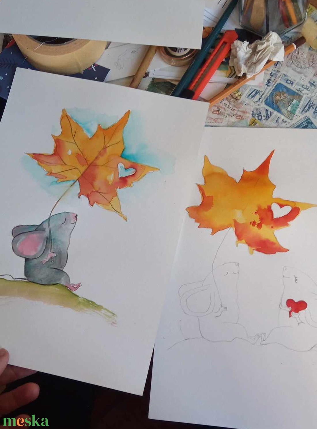 Szeretlek, akvarell, dekoráció,egérke  - művészet - festmény - akvarell - Meska.hu