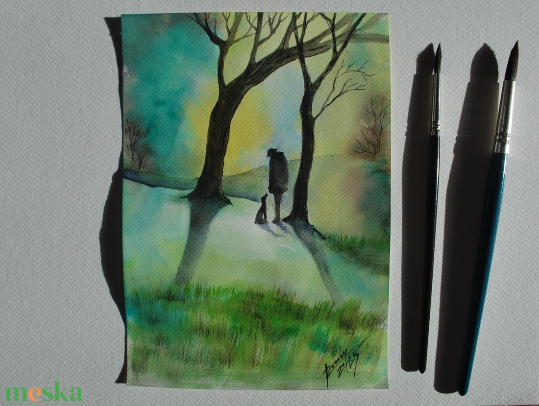 Ködös hajnal EREDETI akvarell festmény, kutyás dekoráció - művészet - festmény - akvarell - Meska.hu