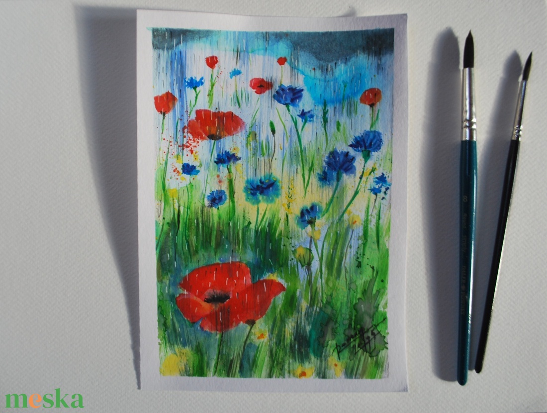 Pipacsos nyári zápor Eredeti akvarell festmény - művészet - festmény - akvarell - Meska.hu