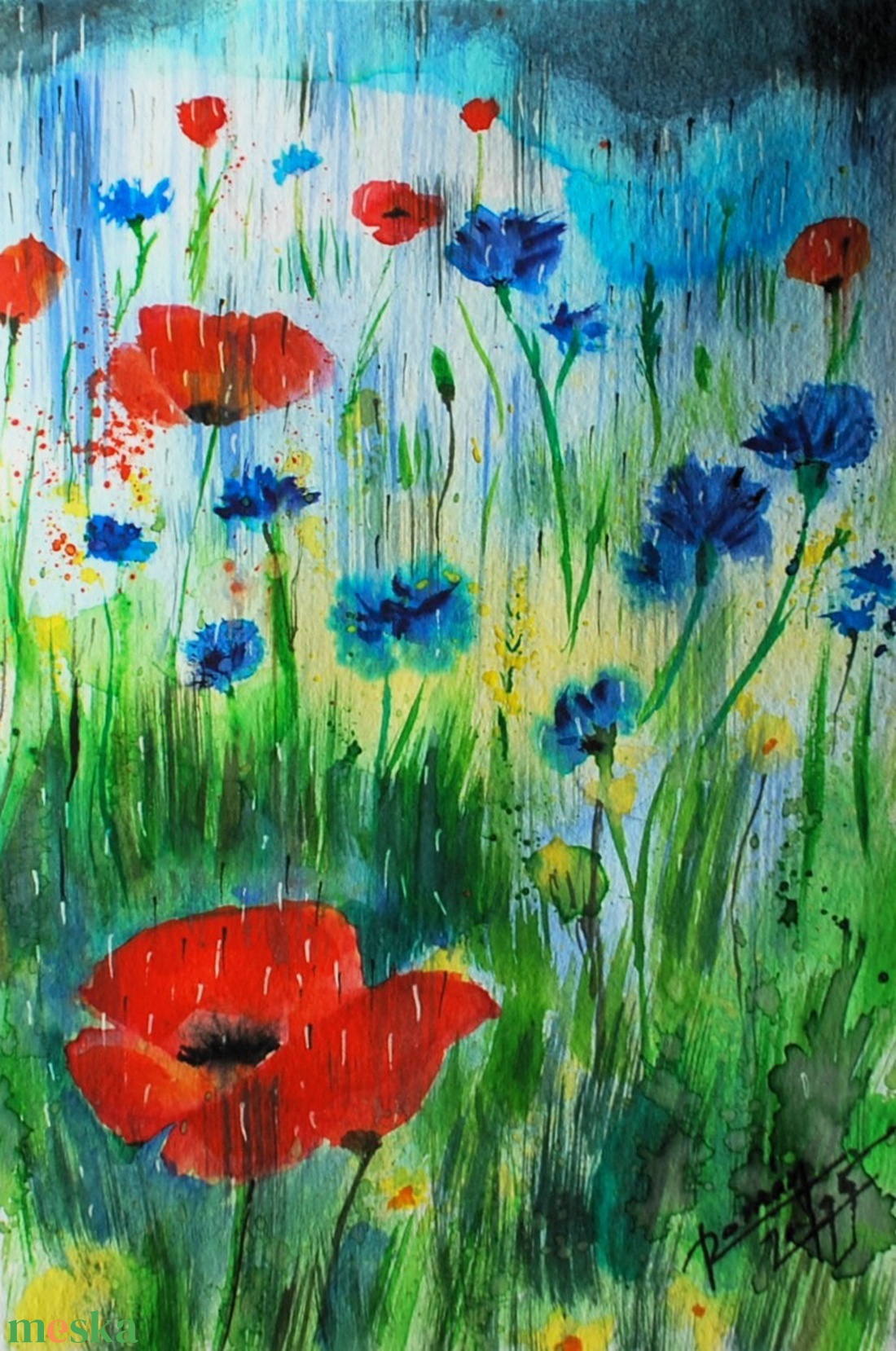 Pipacsos nyári zápor Eredeti akvarell festmény - művészet - festmény - akvarell - Meska.hu