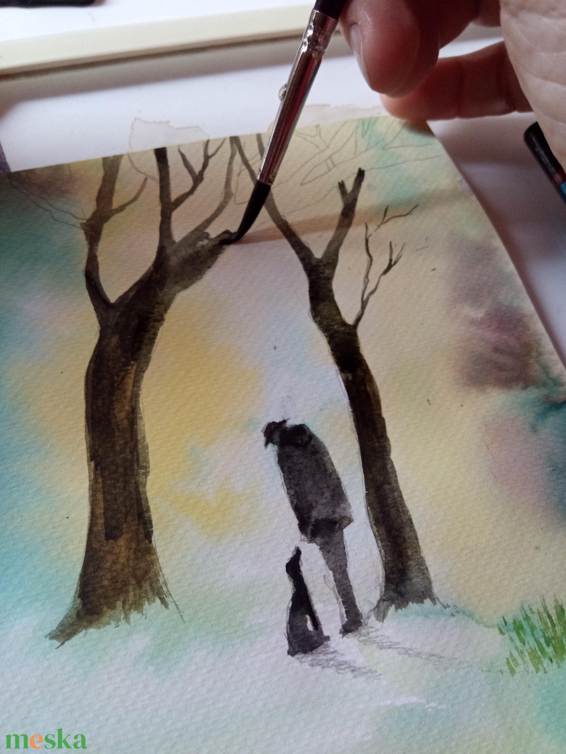 Ködös hajnal EREDETI akvarell festmény, kutyás dekoráció - művészet - festmény - akvarell - Meska.hu