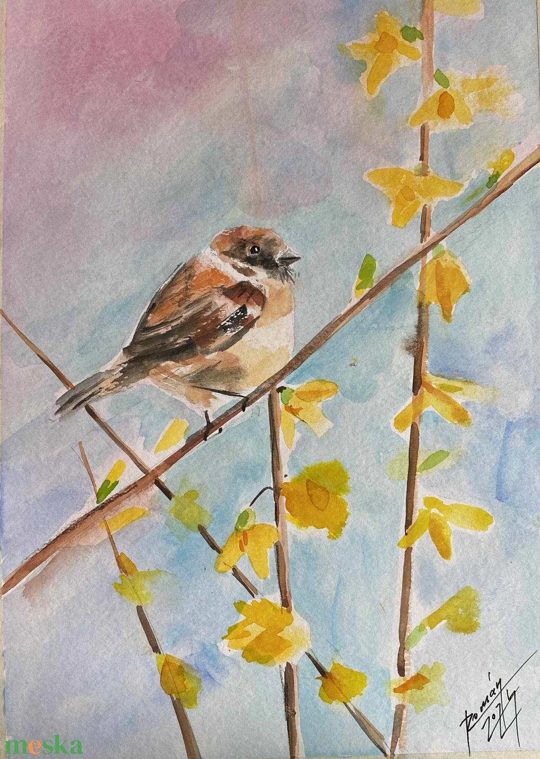 Veréb aranyesővel Eredeti akvarell festmény, veréb - művészet - festmény - akvarell - Meska.hu