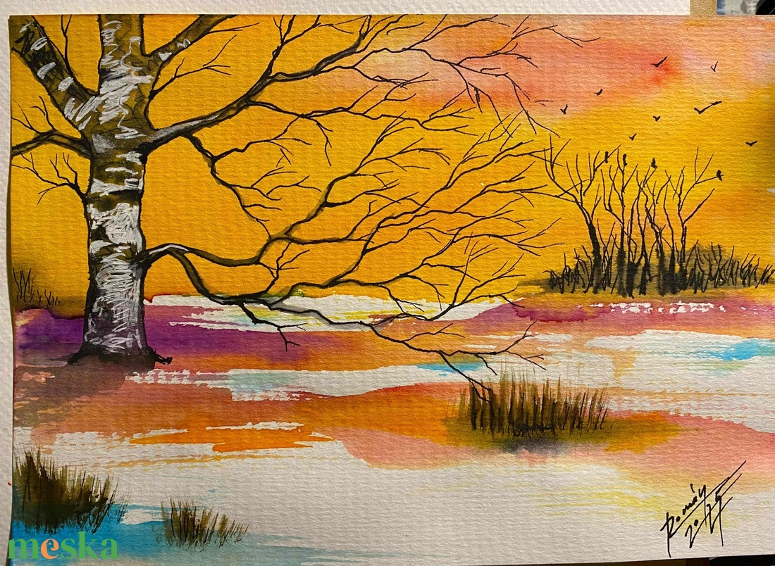 Téli hajnal akvarell festmény - művészet - festmény - akvarell - Meska.hu